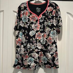 Floral Black Top with Pink Trim Scrubs